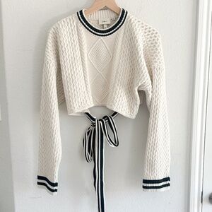 Milk It Cropped Cream Cable-Knit Tie-Front Sweater with Black Trim 10